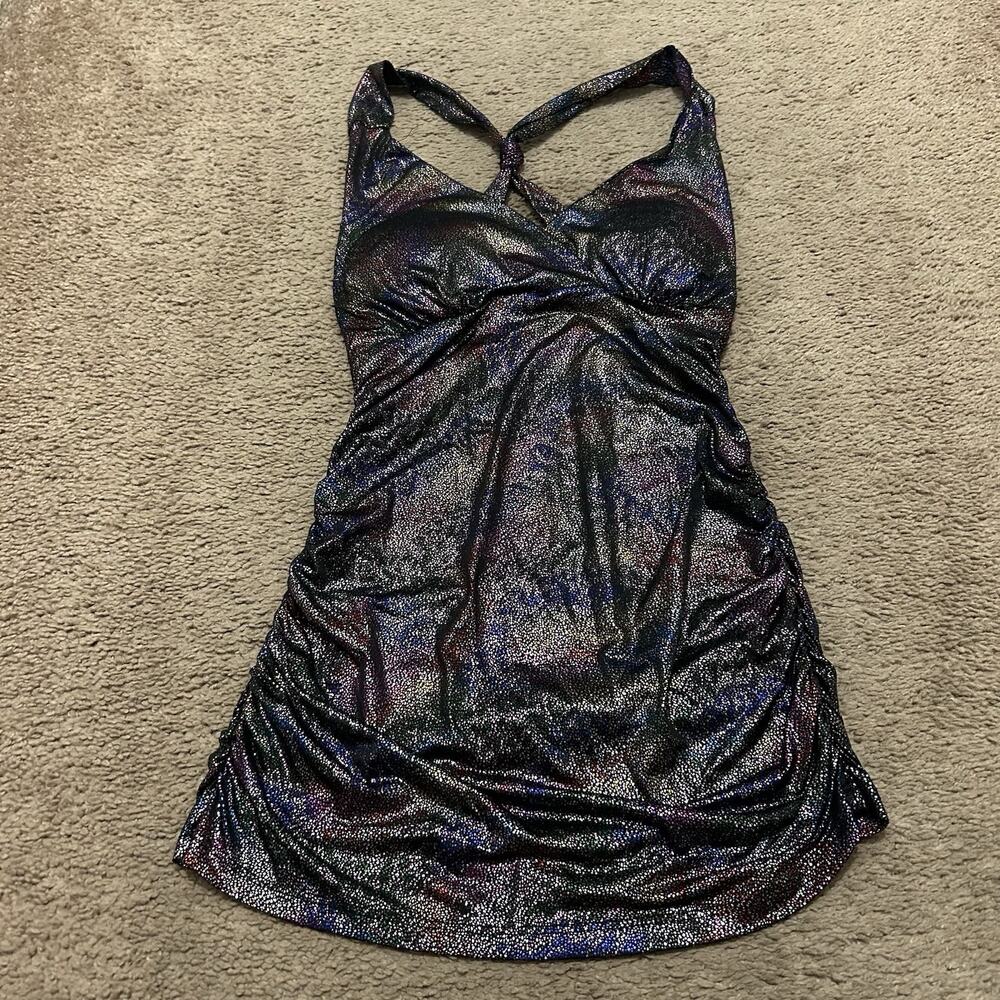 Y2K Body Central Body Con Racerback Mini Rainbow Metallic Dress Ruched Size M?